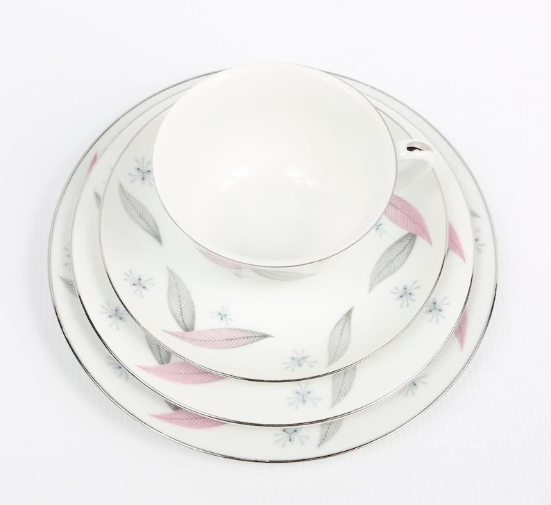 and Cup Mid Century Mod. Delicate Porcelain Grey Pink Feathers Luncheon Plt. NARUMI Serenade JAPAN Serenade 4 Piece Set Saucer B/&B