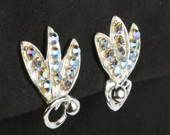 1950's Aurora Borealis Clip On Earrings Lined Leaf Motif Silver Tone Clip ons, Excellent cond., 1-1/4" H X 1-1/8" W, No Maker Mark.