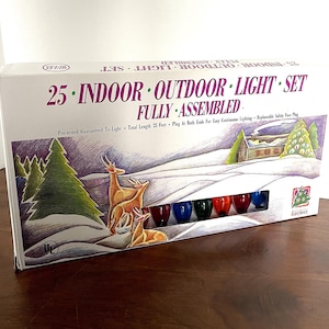 May include: A box of 25 indoor/outdoor Christmas lights, fully assembled. The box features a winter scene with deer and a cabin. The lights are pre-tested and guaranteed to light. The total length is 25 feet, with a plug at both ends for easy continuous lighting. The lights are replaceable and have a safety fuse plug.