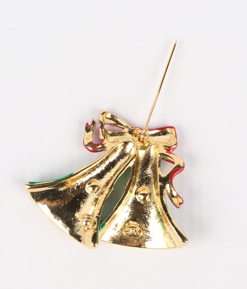 Excellent Cond. 1-34 X 2 W Rhinestones Green Enamel Maker Mark Christmas Bells Pin SFJ Bells Brooch Red Roll Over Clasp Gold Tone