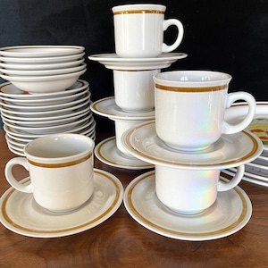 1970&#39;s Mountain Wood Collection,&quot;Trellis Blossom&quot;, Ironstone Beige n Brown Excellent VTG Condition. Only 6 Mugs/Cups and Saucers Sets Left.