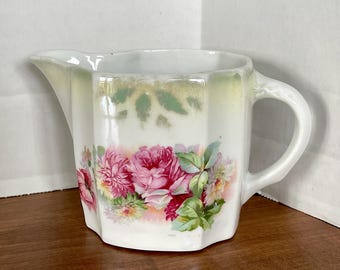 Germany Porcelain Creamer, Lite Yellow Rim Stencil Sage Leaves, Pink Red Green TransferWare Bouquet White Fluted Shape, Lite Wear, No Damage
