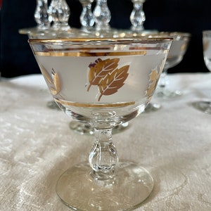1953-1978 LIBBEY&#39;s (6) &#39;Golden Foliage&#39; Champagne/Tall Sherbets Sold Together, Frost, Gold Leaves, Gold Trim, Exc. VTG Cond., Size in Photos