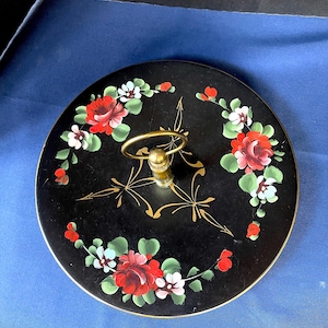 1950's-60's Hand Painted Blacktole or Toleware Raised Round Tray, Vibrant Flowers n Gold Scroll Work Center Post w a Ring Handle. NO Damage