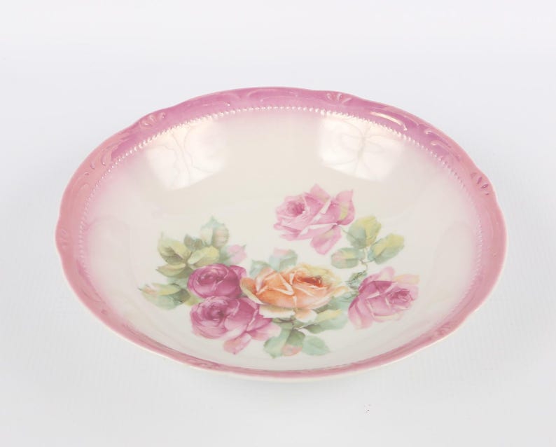 German Roses Bowl Made in Germany Embossed Pink Edge Porcelain Bowl with Pink Peach Green Roses Excellent VTG Cond. 8 Diameter X 1-78 H