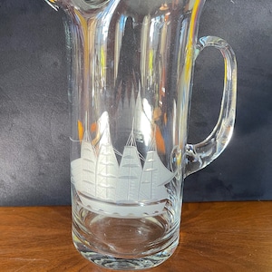 Before 2000, Toscany Krosno, Poland, Hand Blown, Formed 10&quot; Tall Crystal Pitcher, Hand Etched Clipper Ship, Exc. VTG Cond., Very Little Use.