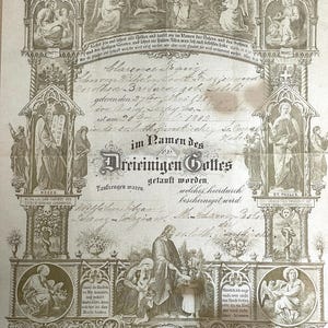 Certificado de bautismo de 1902 con sello en relieve, estado de Nebraska, Iglesia Luterana de Sión, enmarcado bajo vidrio, plegado, excelente estado de conservación, manchas menores.
