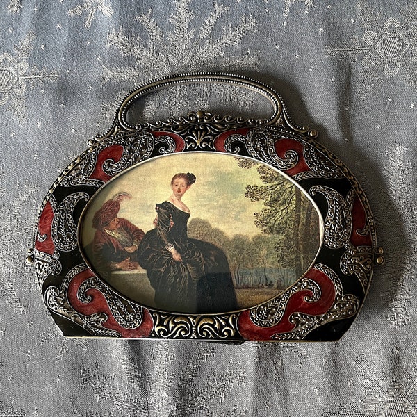 Ende der 1990er Jahre Retro Art Deco Messing und Emaille Tisch Oval Rahmen, Messing, Braun und Schwarz in Form einer Handtasche, Exc. VTG Zustand Größe siehe Fotos