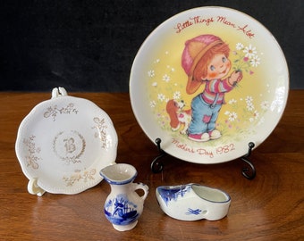 VTG Assorted Small knick Knack Collectibles, Plate Delft and Butter Pat with "B", Good Condition, Crazing on 2 pieces, Size in Photo