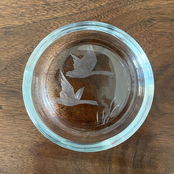 1950's Glass Hand Etched Crystal Coaster, 2 Geese Taking Flight w Grass, Some Use Marks, Good VTG Cond., Still Awesome, No Cracks, or Chips