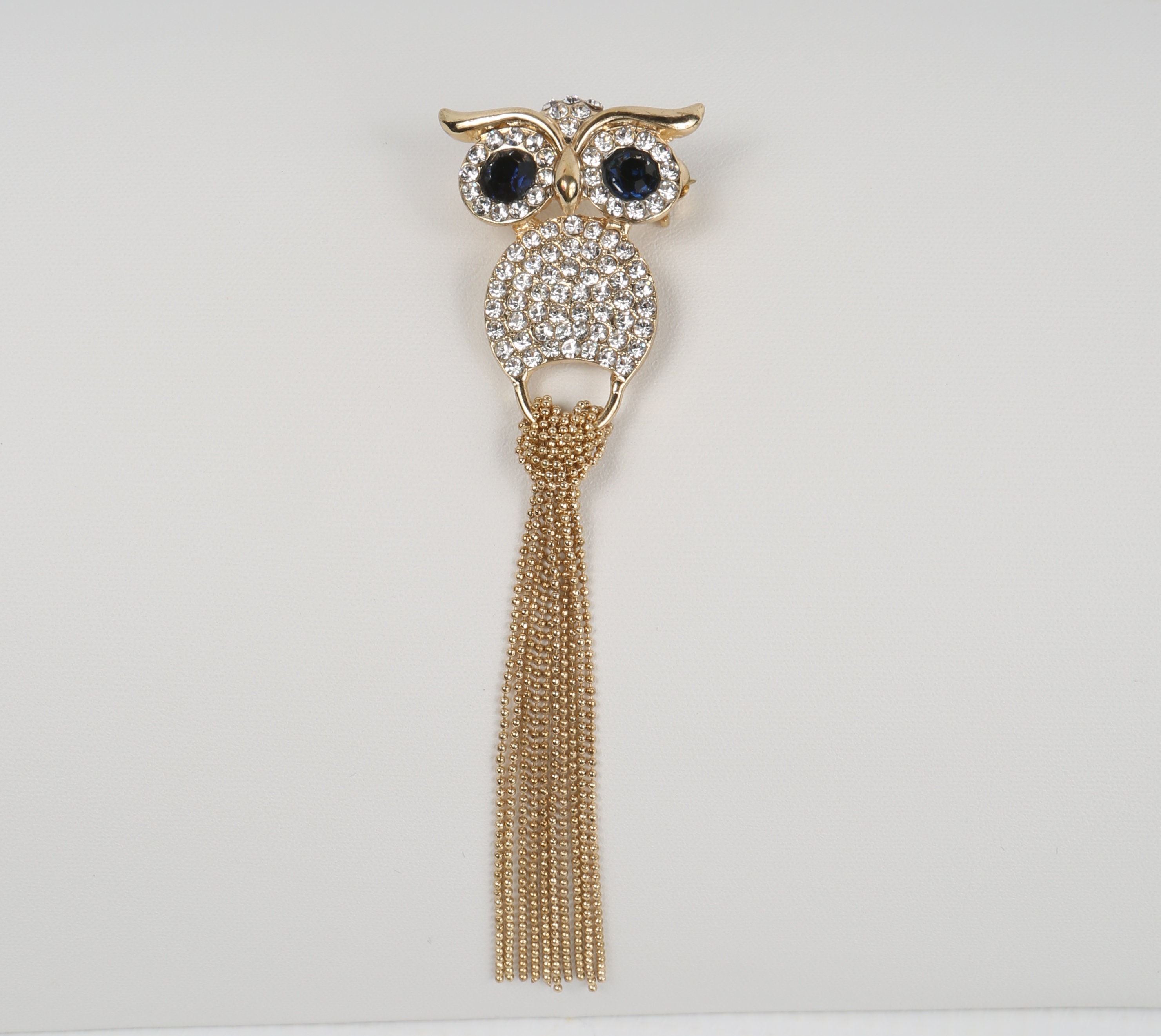 1980's Long Tail Owl Pin, Art Deco Pave Owl Brooch. Teal/Green Crystal Eyes on Gold Tone. Long C