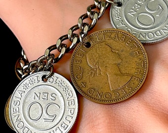1960's International Coins Charm Bracelet, 11 Coins Total