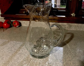 VTG Diamond Optic Clear Hand Formed Glass Water Pitcher, Pulled Handle, Sheer Opulence to Dress up Any Occasion, Excellent VTG Condition.