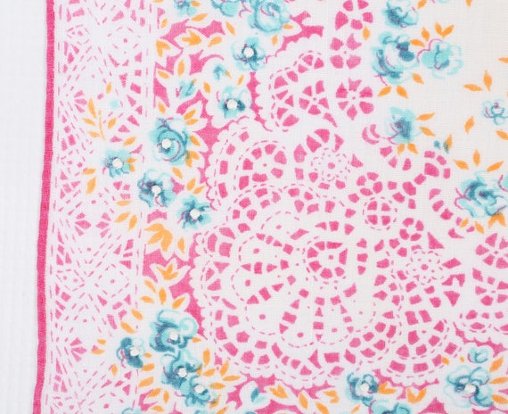 1950's Lace Print Floral Hankie Cotton Magenta, T… - image 2