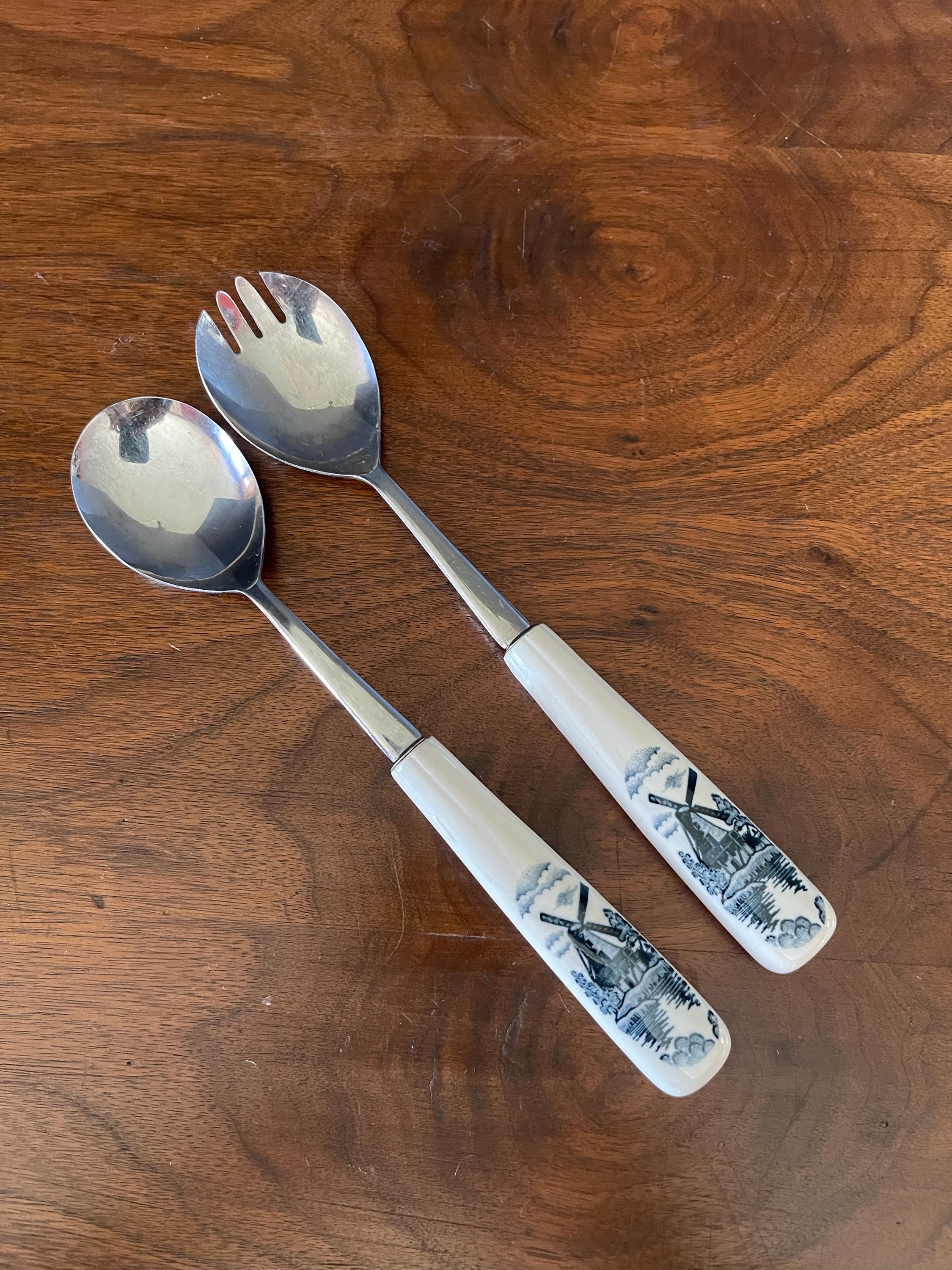 □ vintage WMF3600 salad servers bauhaus□ 1950's-60's Stainless Salad Servers W Porcelain Handles Printed W