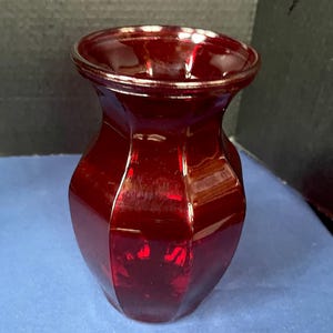 1970's Ruby Red GGG Garcia Glass Group  8" Octagonal Paneled Fluted Vase. Lite Use, Little Wear, No Damage