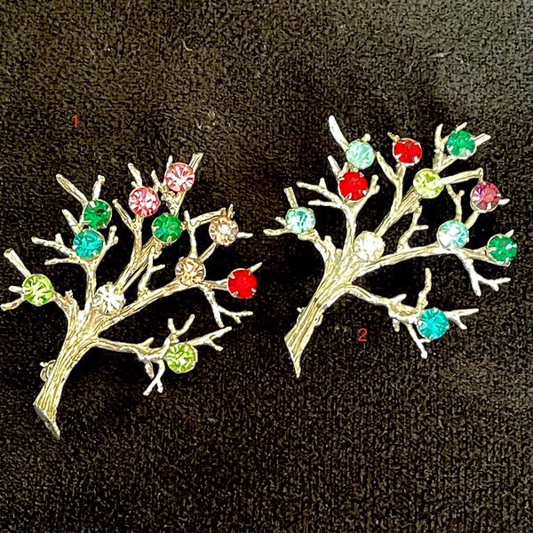 VTG  Sterling Birthstone Tree Pins (2) As Is, Mother's or G'ma's Brooch, Textured Branches w Prong Set Birth Month Stones, Each Unique,