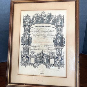 Certificado de bautismo de Nebraska de 1904 con sello en relieve, marco de madera bajo vidrio, en excelente estado para su antigüedad, Wilhelm Scott Frazier y otros dos nombres.