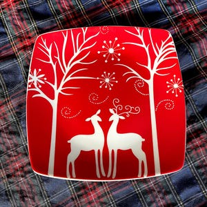1990's Living Quarters Christmas Plate, Squarish Deer Red n White Bold Silhouette Deer Pair, Trees, Snowflakes, No Wear or Damage VTG Cond