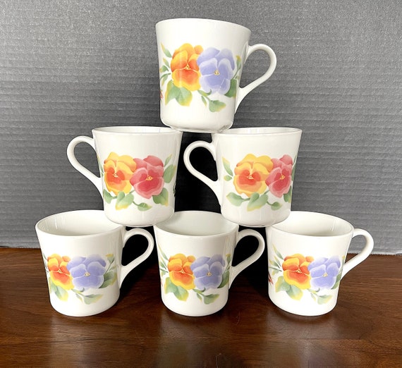 1990's Corning Mugs Summer Blush Pansies Mugs (10) Sold Singly. Purple, Pink, Yellow, White. Excellent Vintage Condition. Appear Unused.