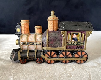 1998 J C Penney &quot;Home Town Express&quot; Toy Train Engine, (1) Available, Sold Separately, All Over Wood Grain Texture Black Brown Beige and Gold