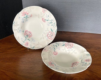 1950's-Disc. Johnson Brothers "Lynton" Coupe Soup Bowls (2), Lovely Pink, Jade, n Taupe Floral on Eggshell Base, Excellent VTG Condition