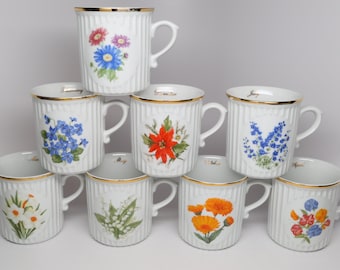 1970&#39;s Monthly Flower Mug Bohemia Czech Porcelain &quot;Flower of the Month&quot; 8 Oz. Mugs, Heavy with Ribbing and Oval Flat with Floral Motif
