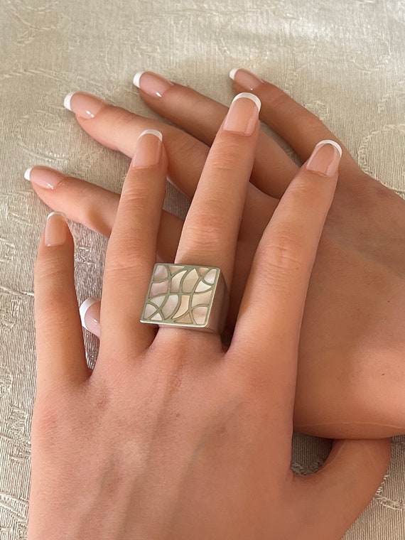 VTG Sterling Silver Flat Top Rectangular Ring wit… - image 2