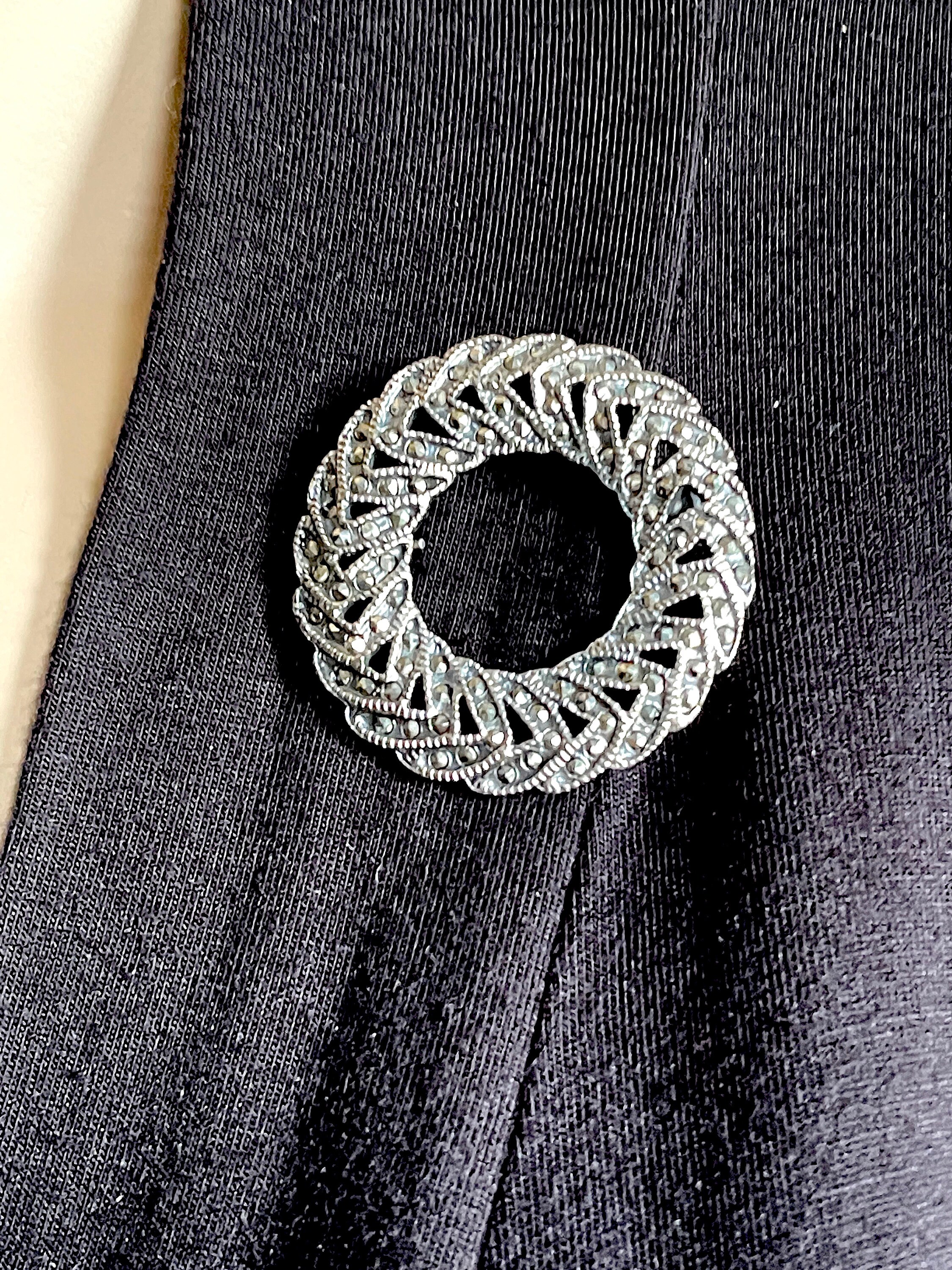 Broche Antique Argent Sterling Couronne Marcassites - Circa 1900 - Bijou Vintage
