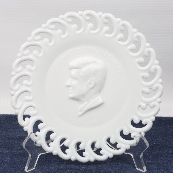 1970's John F. Kennedy Plate, Fenton Milk Glass Commemorative Cabinet. Profile of President & Dates of Birth and Death. Excellent Condition.