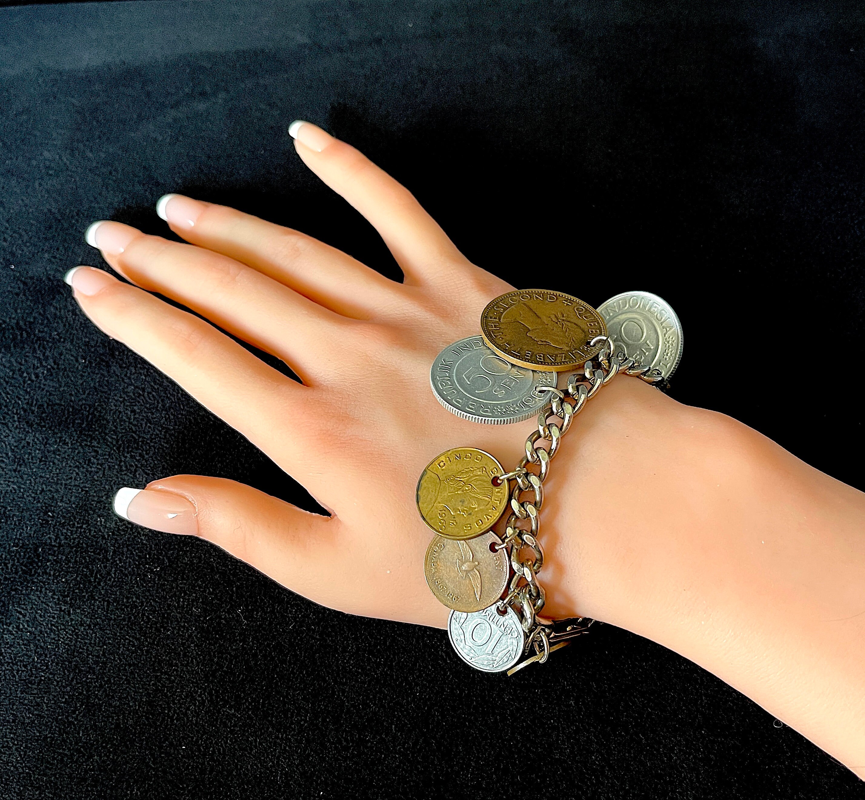 1960's International Coins Charm Bracelet, 11 Coins Total