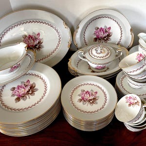 1950-1956 Open Stock NORITAKE &quot;Rosemont&quot; Porcelain 48 Pcs, Wht w Grey Boarder, Gold Trim, Pink Rose wTaupe Leaves, Tiny Leaf Garland Unused