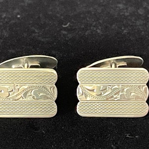 1800's Victorian Scroll & Engraved Texture 835 Silver Cuff Links, Scallop Rectangle Front, Oval Back, Excellent Antique Cond., Size in Photo