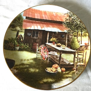 1991 The Hamilton Collection, &quot;Summer Harvest&quot; Mel Steele, Idealized Country Outdoor Dining, Red, Green Brown, Near Mint Condition, 8-1/2&quot; W