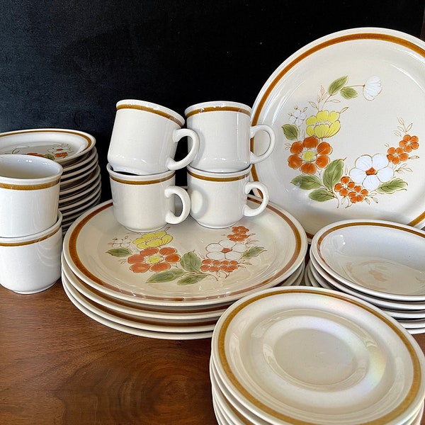 1970's Mountain Wood Collection,"Trellis Blossom", 34 Pieces Ironstone Gray w Orange Brown Green Yellow and White Flowers, Exc. VTG Cond.