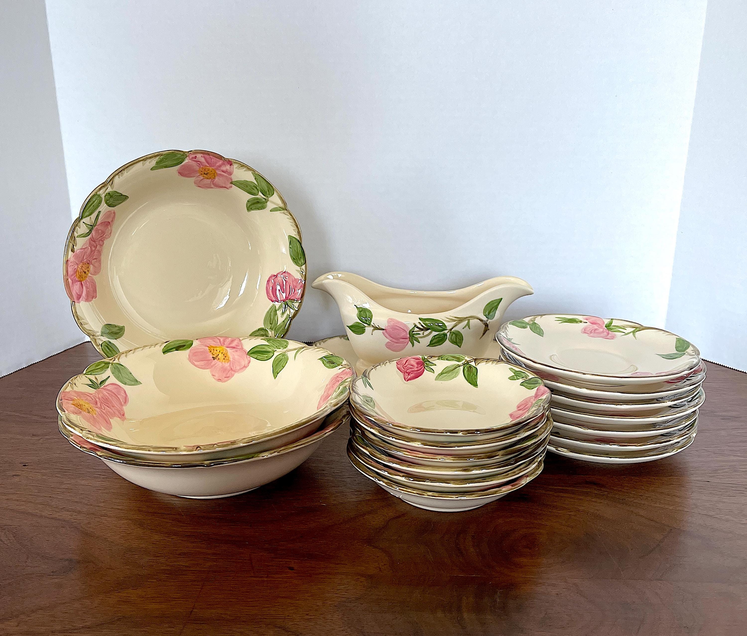 1941-1984 Franciscan Open Stock "Desert Rose" Soup Bowls, Fruit Bowls, 1 Gravy Boat, Saucers, Made in USA, Excellent Unused VTG Condition.