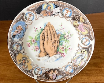 Lego Porcelain Wall Plate, Catholic "Praying Hands" w The Stages of the Life of Jesus on Boarder. Mid Cent. Japan 7-1/2" No Wear, No Damage