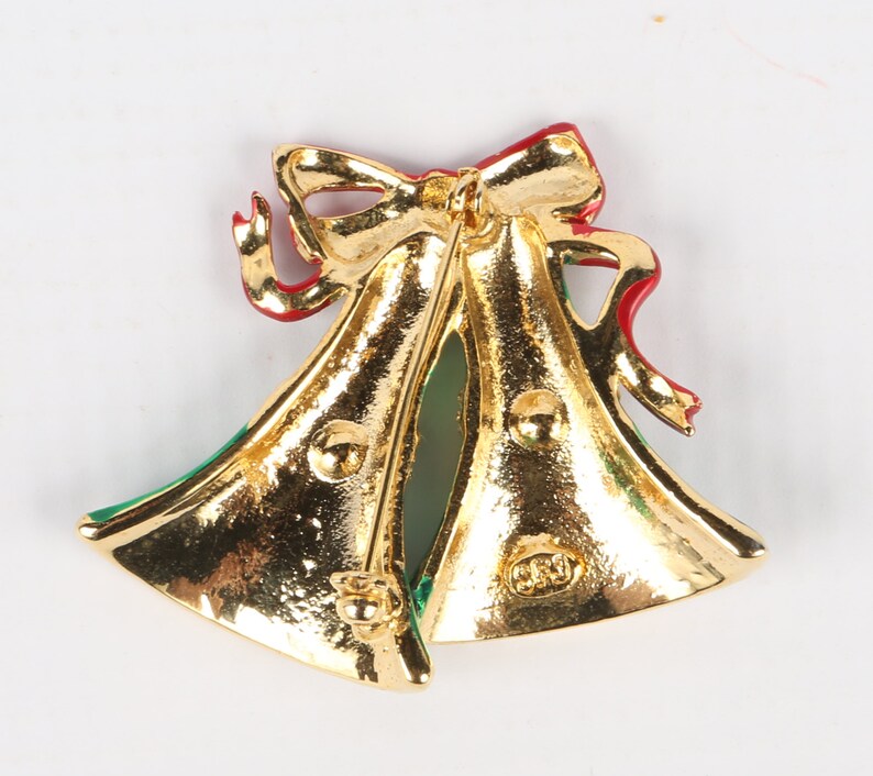 Excellent Cond. 1-34 X 2 W Rhinestones Green Enamel Maker Mark Christmas Bells Pin SFJ Bells Brooch Red Roll Over Clasp Gold Tone