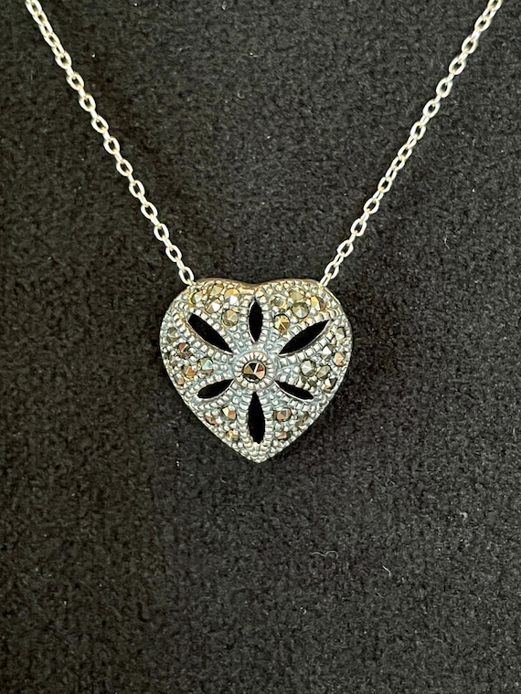 1990's Sterling and Marcasite Pierced Heart Penda… - image 1