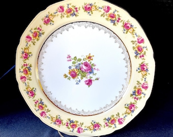 1940-1991 Gold Coast, 9-7/8" Dinner Porcelain Plate,  Gold Trim, Yellow Boarder w Pink Yellow Blue Floral w Grn Leaves, Lite Wear, NO Damage