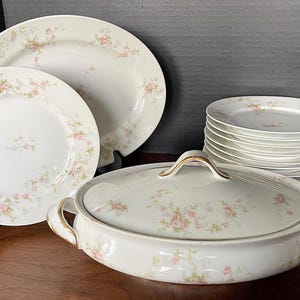 Puede incluir: Un juego de vajilla de porcelana vintage con flores, que incluye una fuente ovalada grande para servir, un plato redondo para cenar, un plato redondo más pequeño y una cacerola cubierta. Los platos son blancos con un delicado estampado floral rosa.