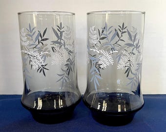 1970's LIBBEY "Smokey Fern", Flared Bottom Tumblers w White ferns n Blue Leaves Smokey Glass, No Wear No Damage  See "Details"