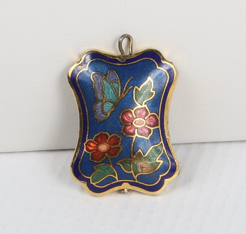 Gold Tone Metallic Cloisonn\u00e9 Green Double Sided Pendant Shaped Corners Copper Butterfly Rectangle 1970/'s Cloisonn\u00e9 Blues Flowers