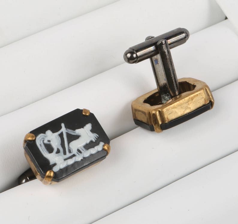 Greek Cuff Links Black and White Lucite Greek Chariot Rectangular Bezel set in Brass Cuff links Excellent VTG Cond. 1116 X 12.