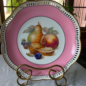 40&#39;s-50&#39;s Schumann Bavaria Plate White Porcelain Pink Boarder w Reticulated Edge Gold Accents, Excellent VTG Cond. Made in Germany, 8&quot; Wide