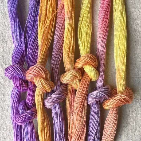 Size 8 variegated purple, pink, yellow and gold pearl cotton, hand dyed thread ~ embroidery, hand quilting, visible mending, sewing