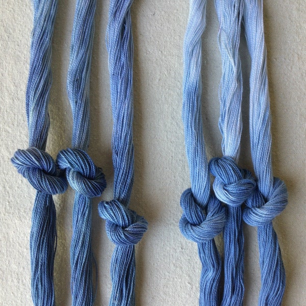 Size 12 Indigo Ombre hand dyed pearl cotton thread:  pale & medium blue perfect for embroidery, boro, sashiko, mending and jeans decoration