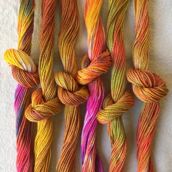 Size 5 Autumn Blends Hand Dyed Perle Cotton  for hand stitching, knotting, bracelets, needlepoint, macrame, hand quilting, visible mending