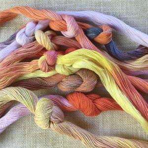 Può includere: Una collezione di matasse di filo da ricamo variegato con una sfumatura di colori che include lavanda tenue, giallo brillante, arancione vivace e viola intenso. Ogni filo è ritorto e annodato, mostrando un effetto tinto a mano.