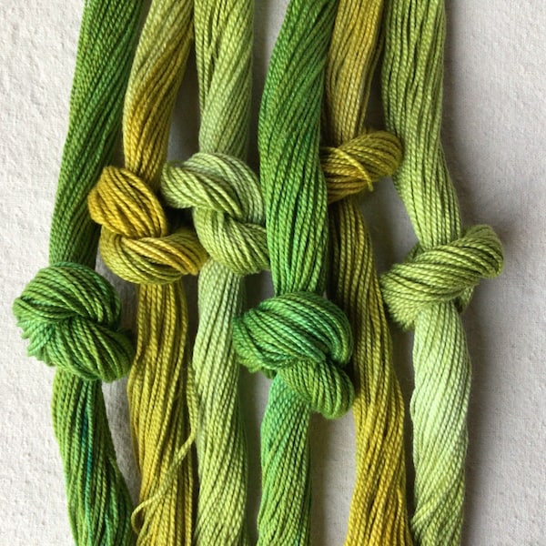 Size 5 Variegated Green Hand Dyed Perle Cotton threads for hand quilting, bracelets, visible mending, crochet, hand stitching, embroidery